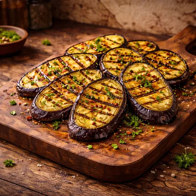 Grilled Eggplant Slices on a Wooden Cutting Board