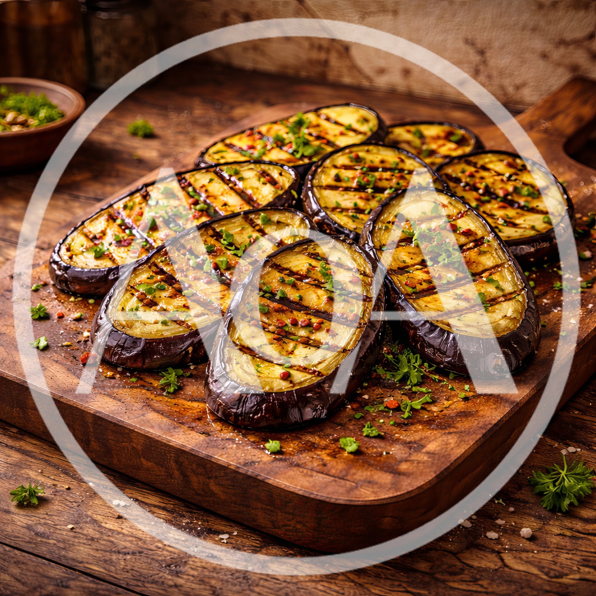 Grilled Eggplant Slices on a Wooden Cutting Board