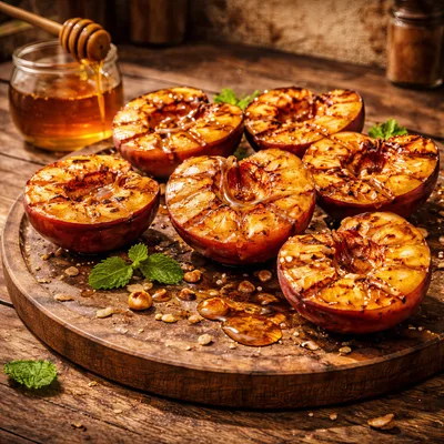 Grilled Peaches Drizzled With Honey On Wooden Board