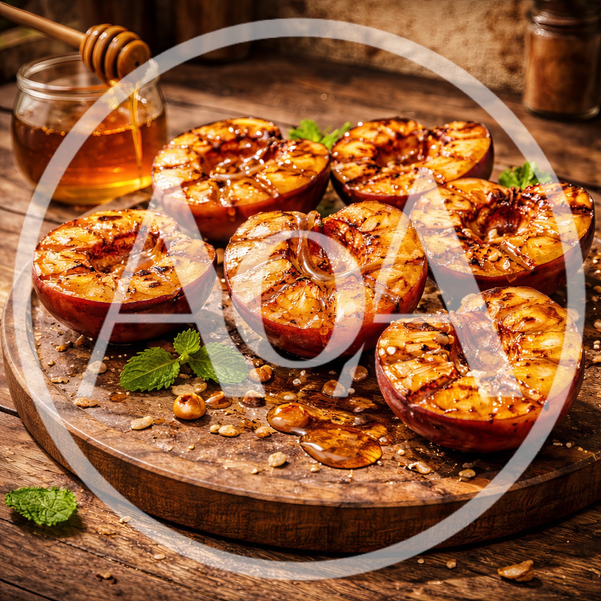Grilled Peaches Drizzled With Honey On Wooden Board
