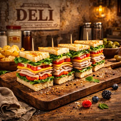 Four Gourmet Deli Sandwiches on Wooden Cutting Board