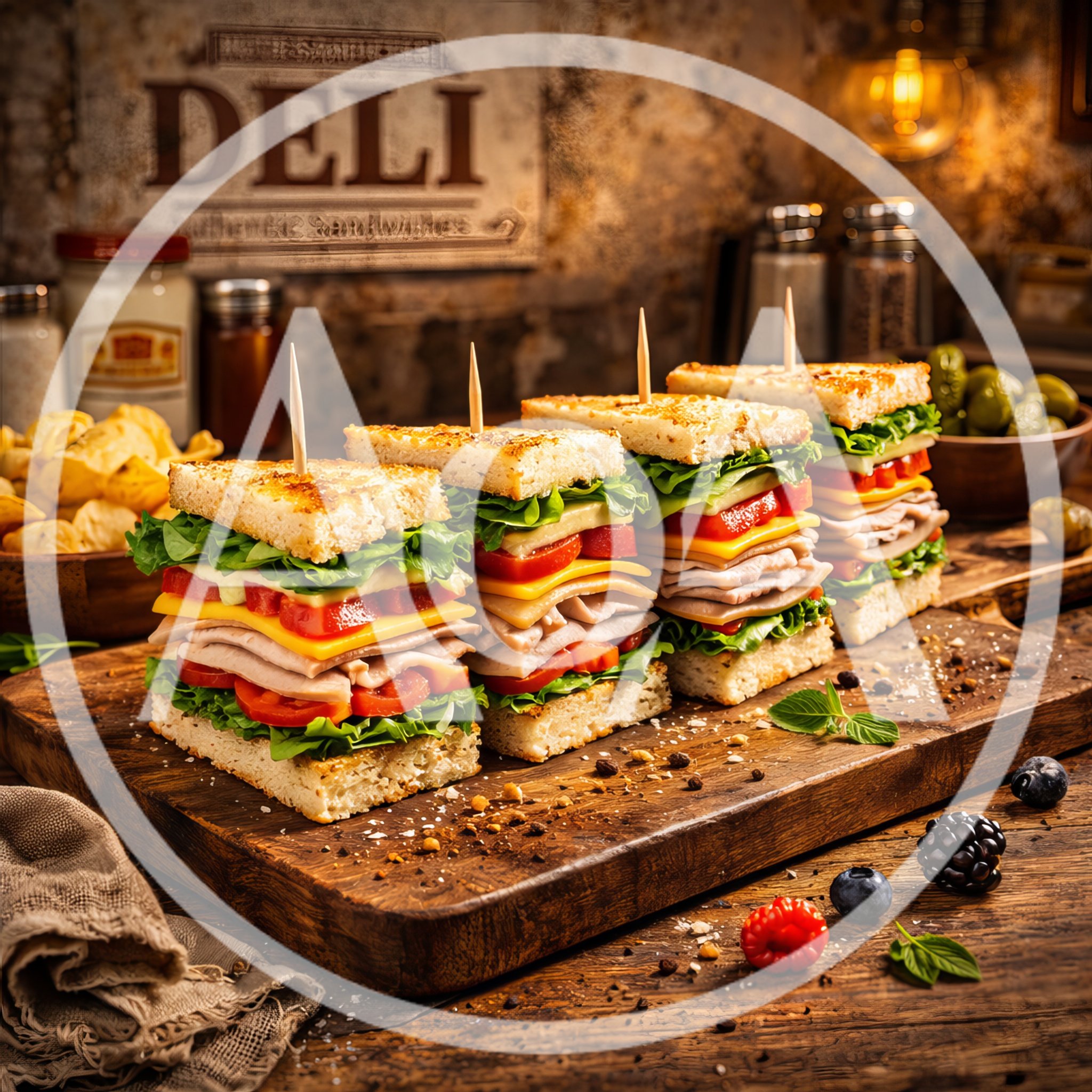 Four Gourmet Deli Sandwiches on Wooden Cutting Board