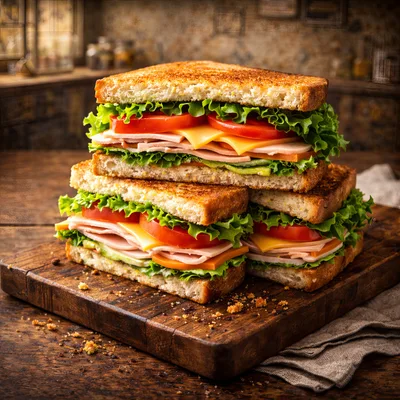 Stacked Gourmet Ham and Cheese Sandwiches on Wooden Board