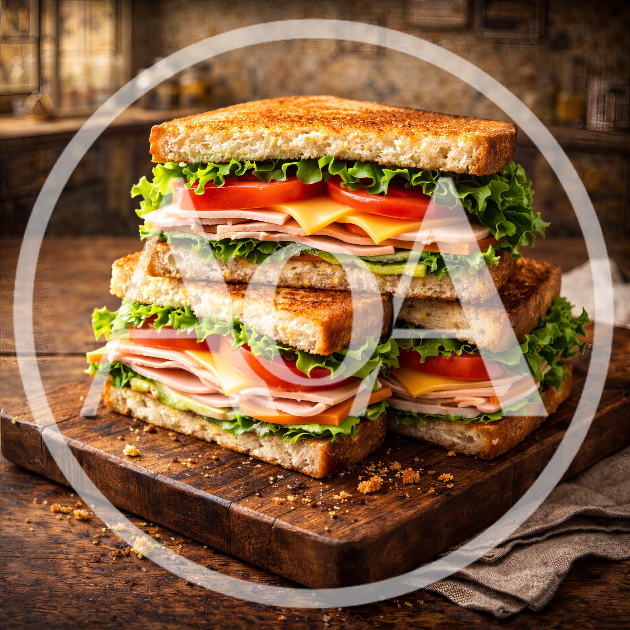 Stacked Gourmet Ham and Cheese Sandwiches on Wooden Board