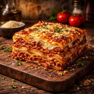 Freshly Baked Lasagna On A Rustic Wooden Board