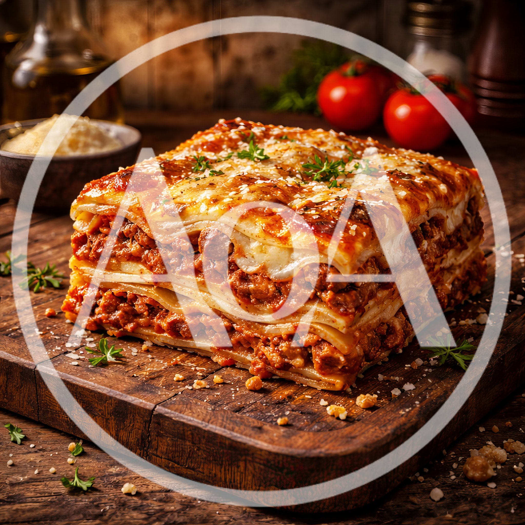 Freshly Baked Lasagna On A Rustic Wooden Board