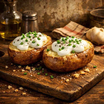 Two Baked Potatoes Topped With Sour Cream And Chives