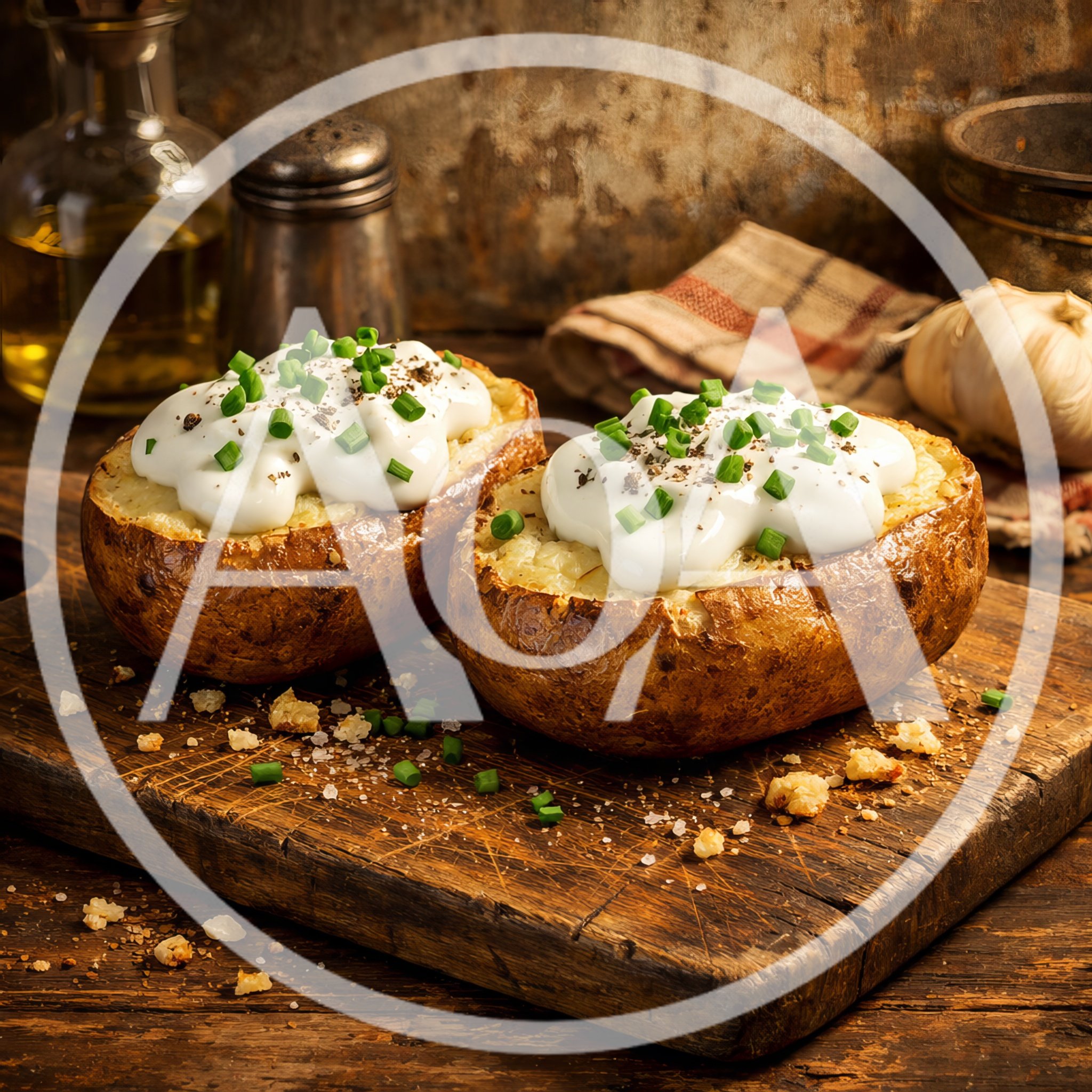 Two Baked Potatoes Topped With Sour Cream And Chives
