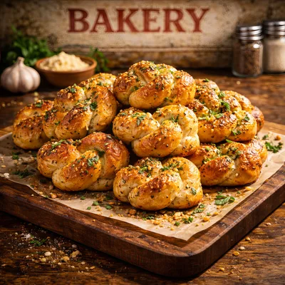 Freshly Baked Garlic Knots on a Wooden Board