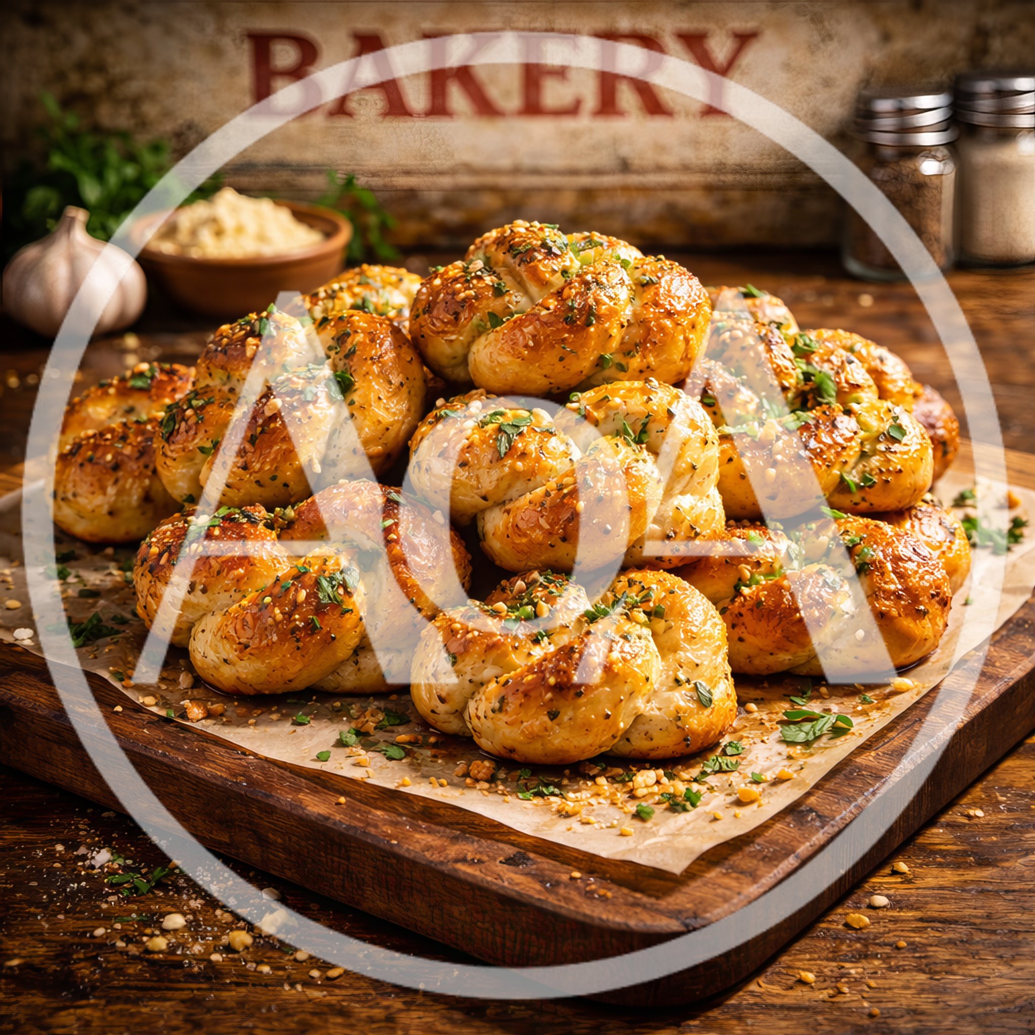 Freshly Baked Garlic Knots on a Wooden Board