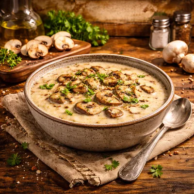 Creamy Mushroom Soup Served In A Rustic Bowl