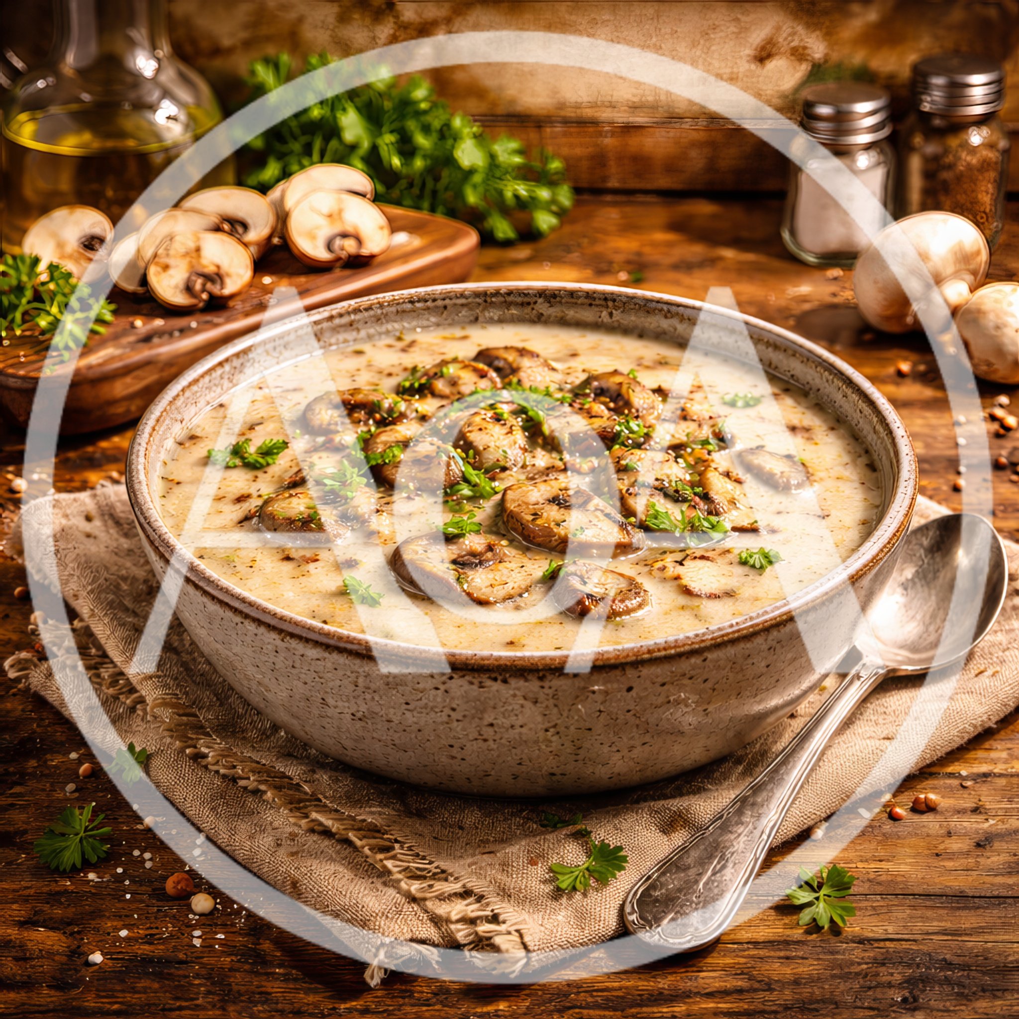 Creamy Mushroom Soup Served In A Rustic Bowl