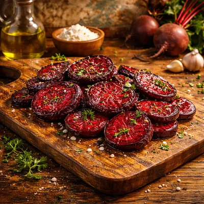 Roasted Beet Slices On A Wooden Cutting Board