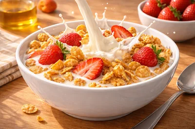 Milk Pouring Into A Bowl Of Cereal With Strawberries