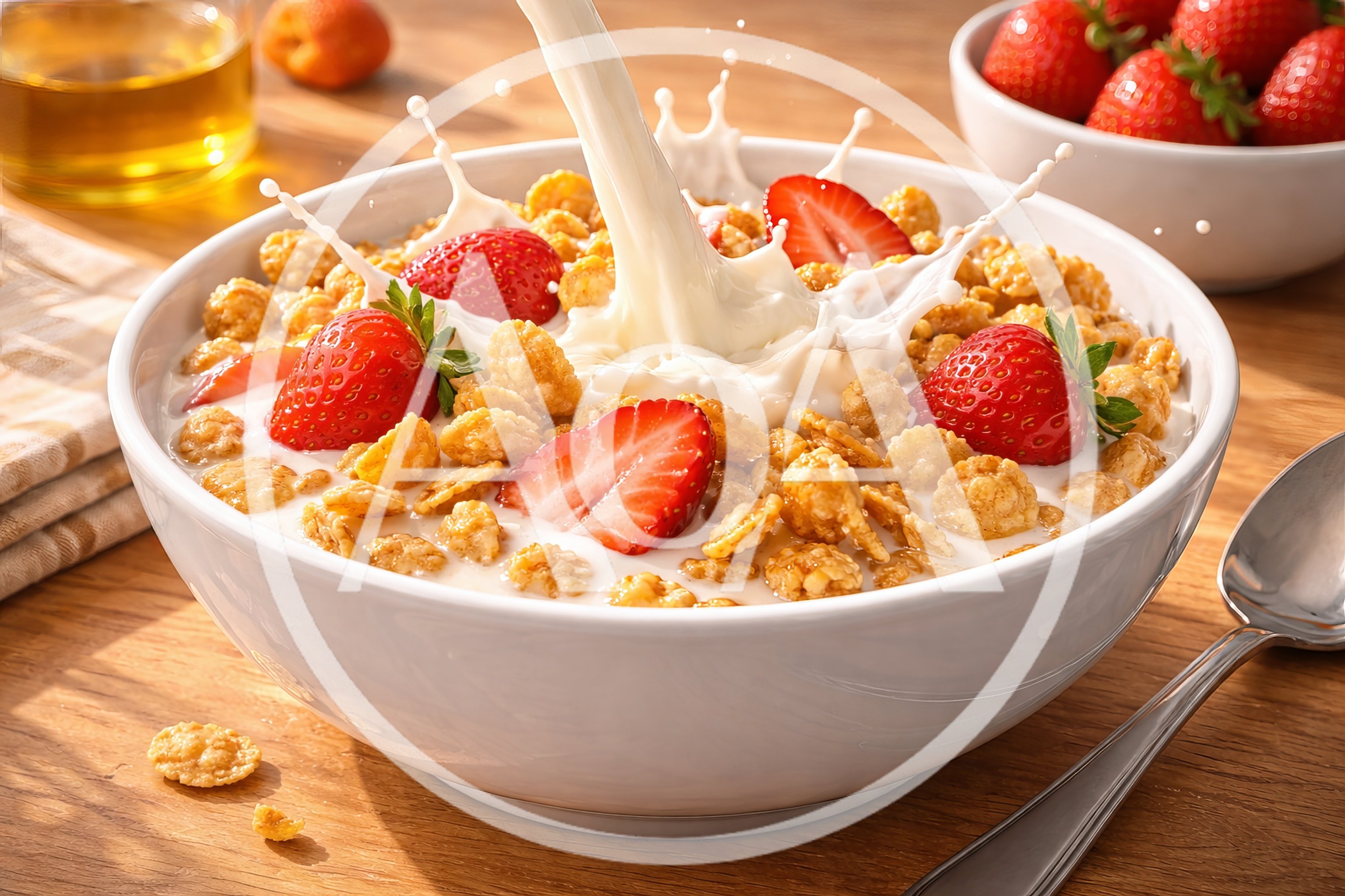 Milk Pouring Into A Bowl Of Cereal With Strawberries