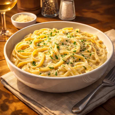 Creamy Fettuccine Alfredo Pasta in White Bowl