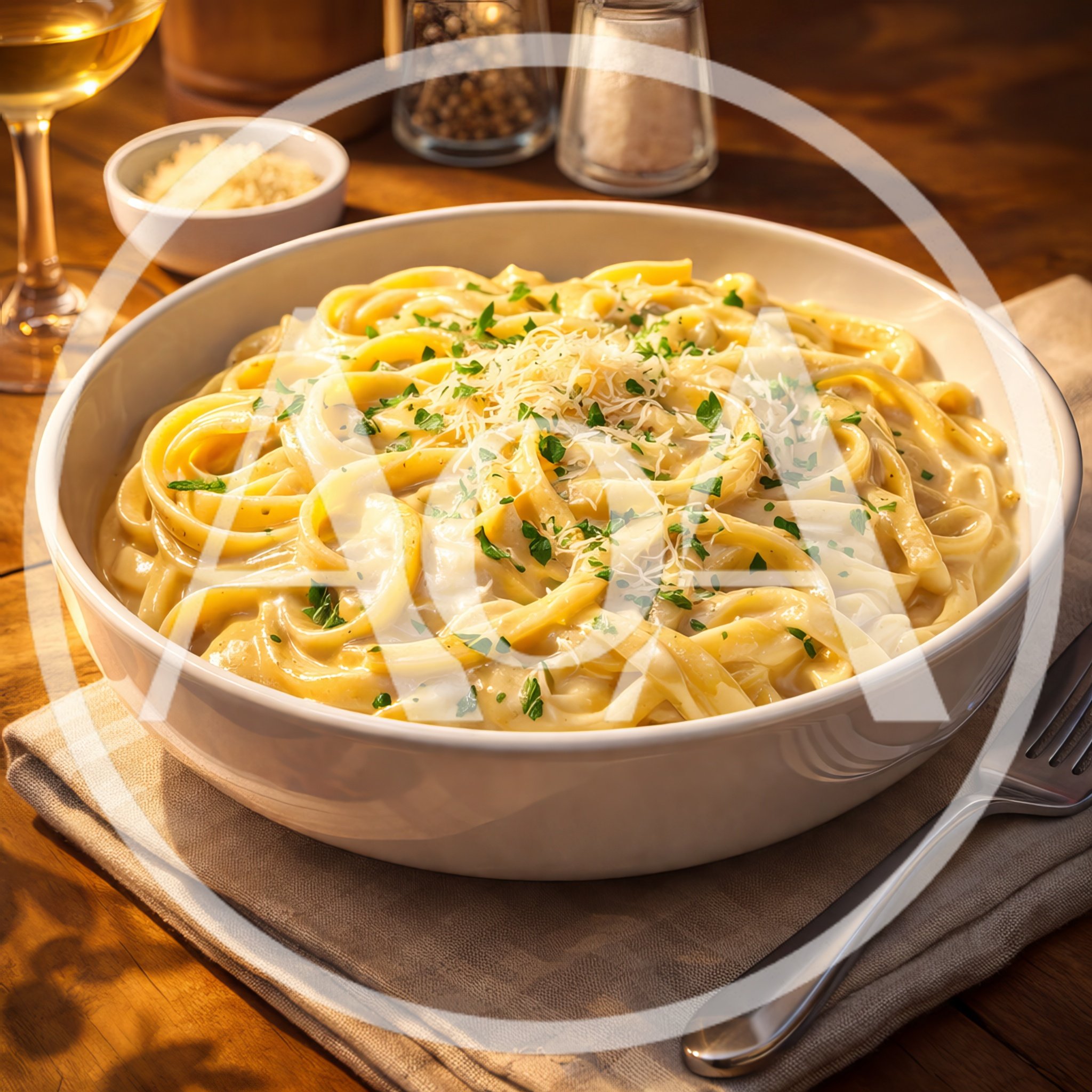 Creamy Fettuccine Alfredo Pasta in White Bowl