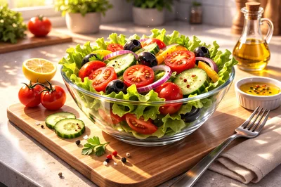 Fresh Vegetable Salad in Glass Bowl on Wooden Board