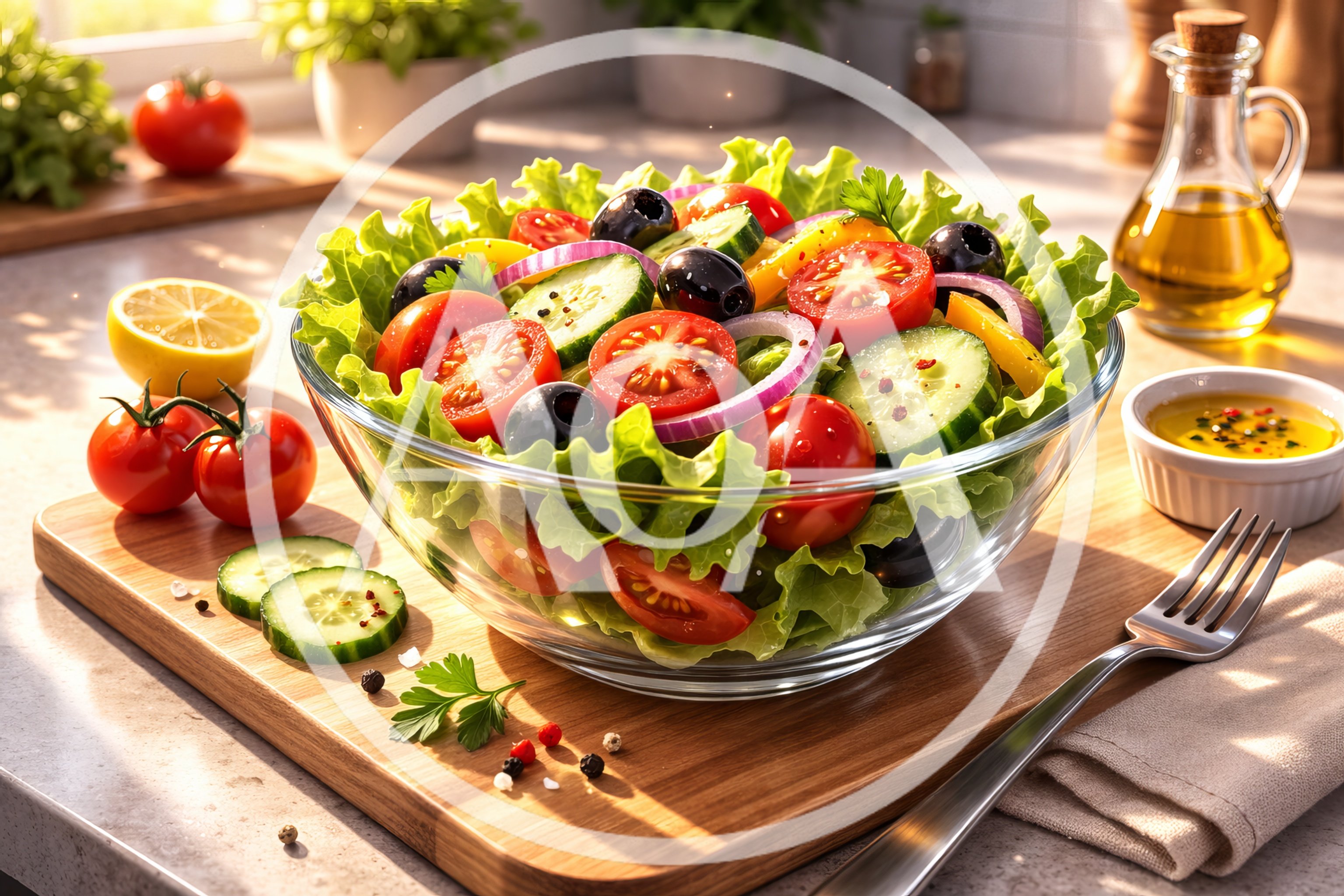 Fresh Vegetable Salad in Glass Bowl on Wooden Board