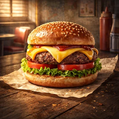Gourmet Cheeseburger On Rustic Wooden Table