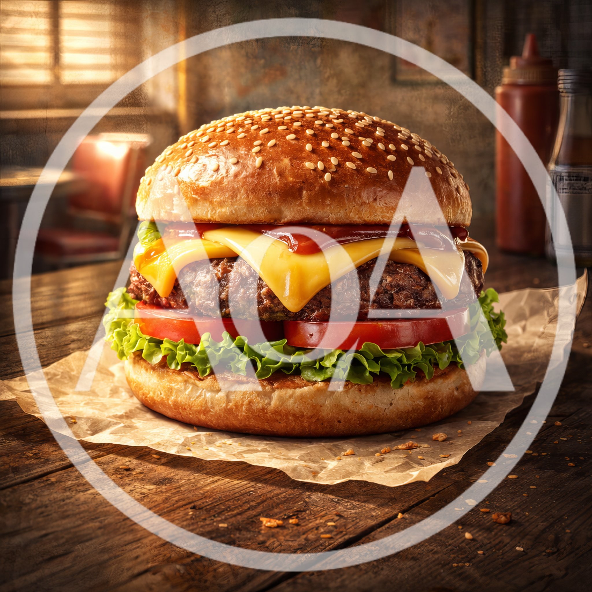 Gourmet Cheeseburger On Rustic Wooden Table