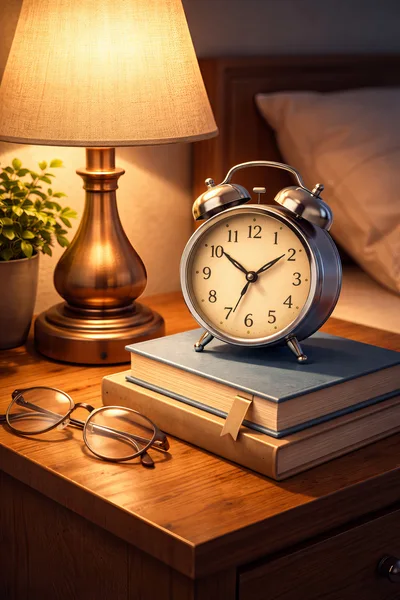 Alarm Clock On Books Beside Bedside Lamp