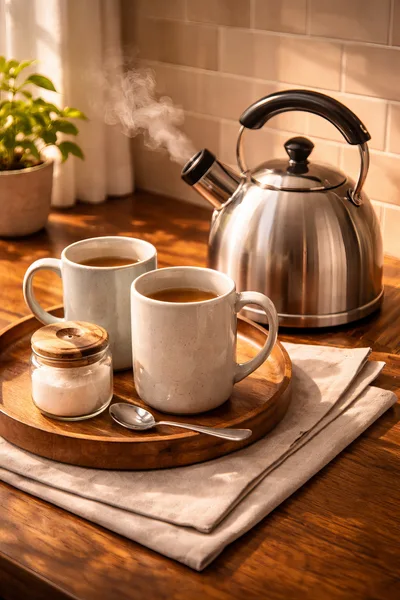 Two Mugs Of Hot Tea With Steaming Kettle