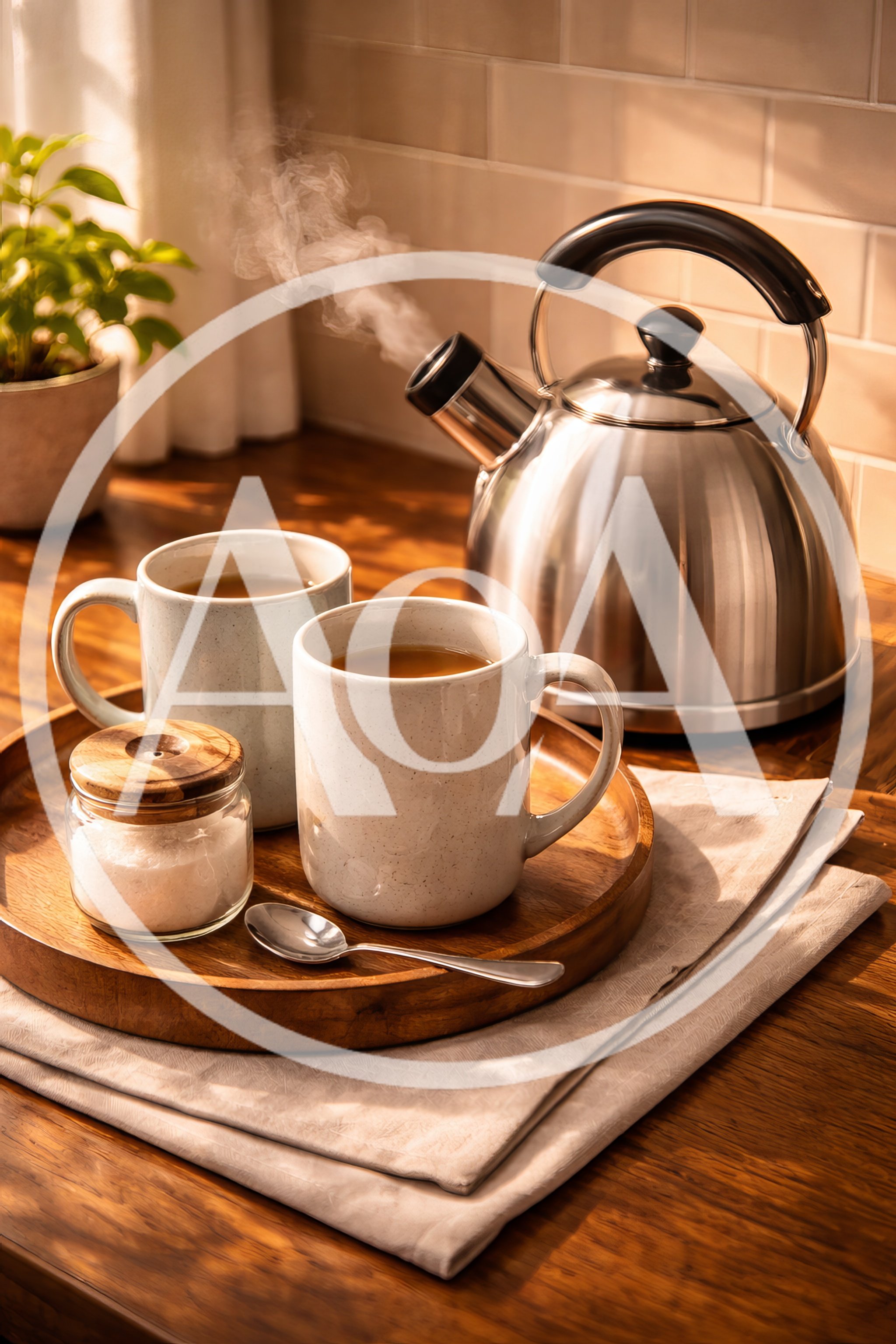 Two Mugs Of Hot Tea With Steaming Kettle