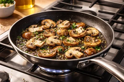 Sautéed Mushrooms Cooking In A Frying Pan