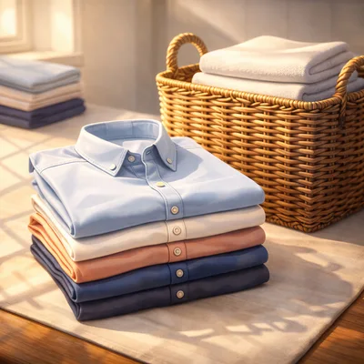 Stack Of Folded Dress Shirts And Laundry Basket