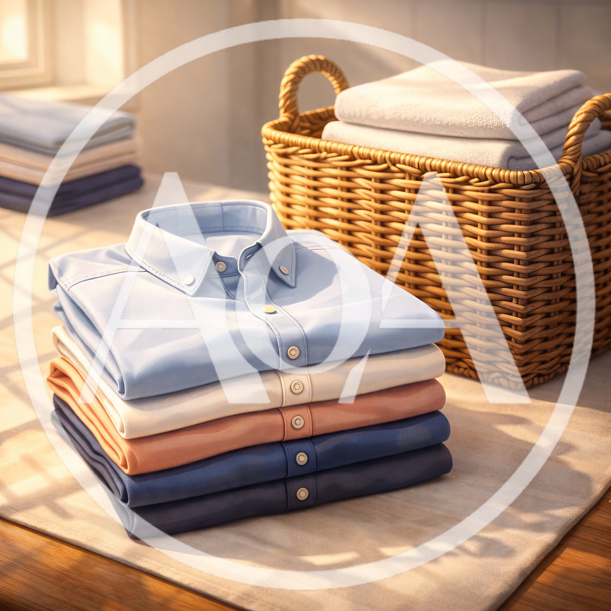 Stack Of Folded Dress Shirts And Laundry Basket