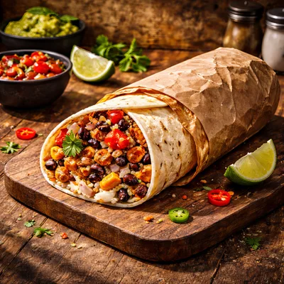 Gourmet Burrito Wrapped In Paper On Wooden Board