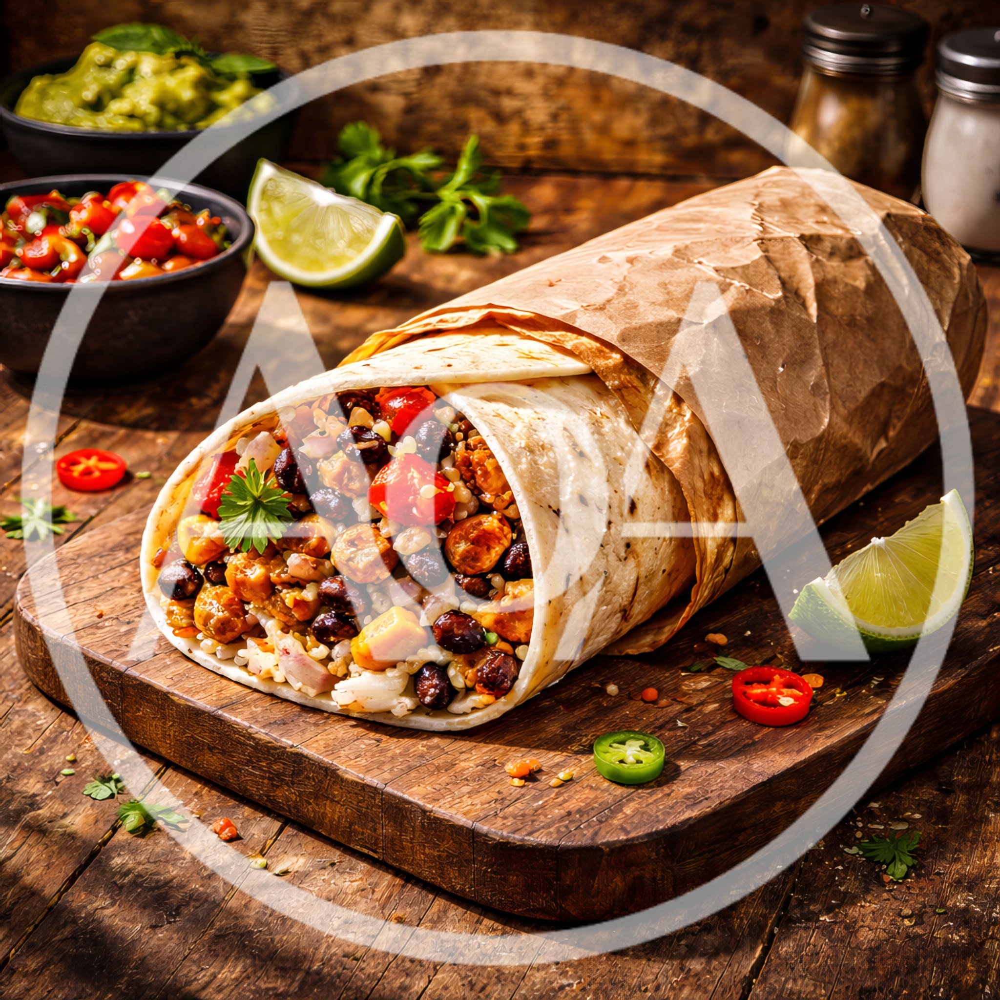 Gourmet Burrito Wrapped In Paper On Wooden Board