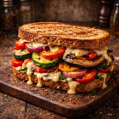 Gourmet Grilled Vegetable Sandwich On Wooden Board