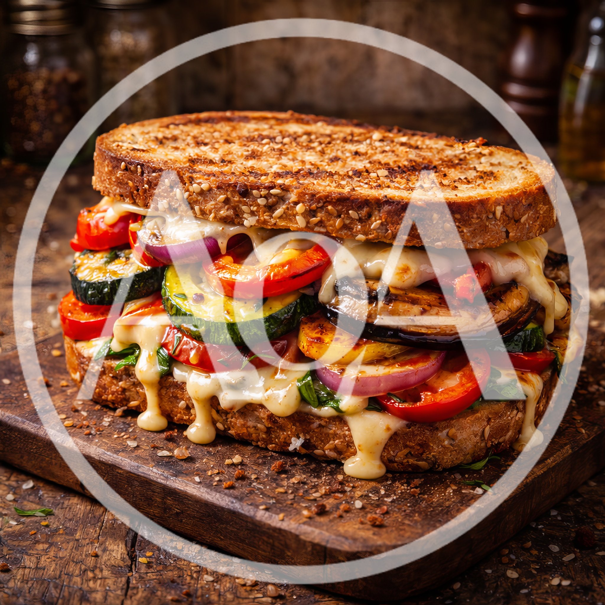 Gourmet Grilled Vegetable Sandwich On Wooden Board