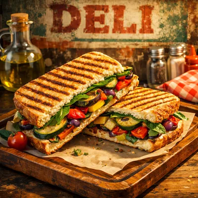 Grilled Vegetable Panini Sandwich on Wooden Board