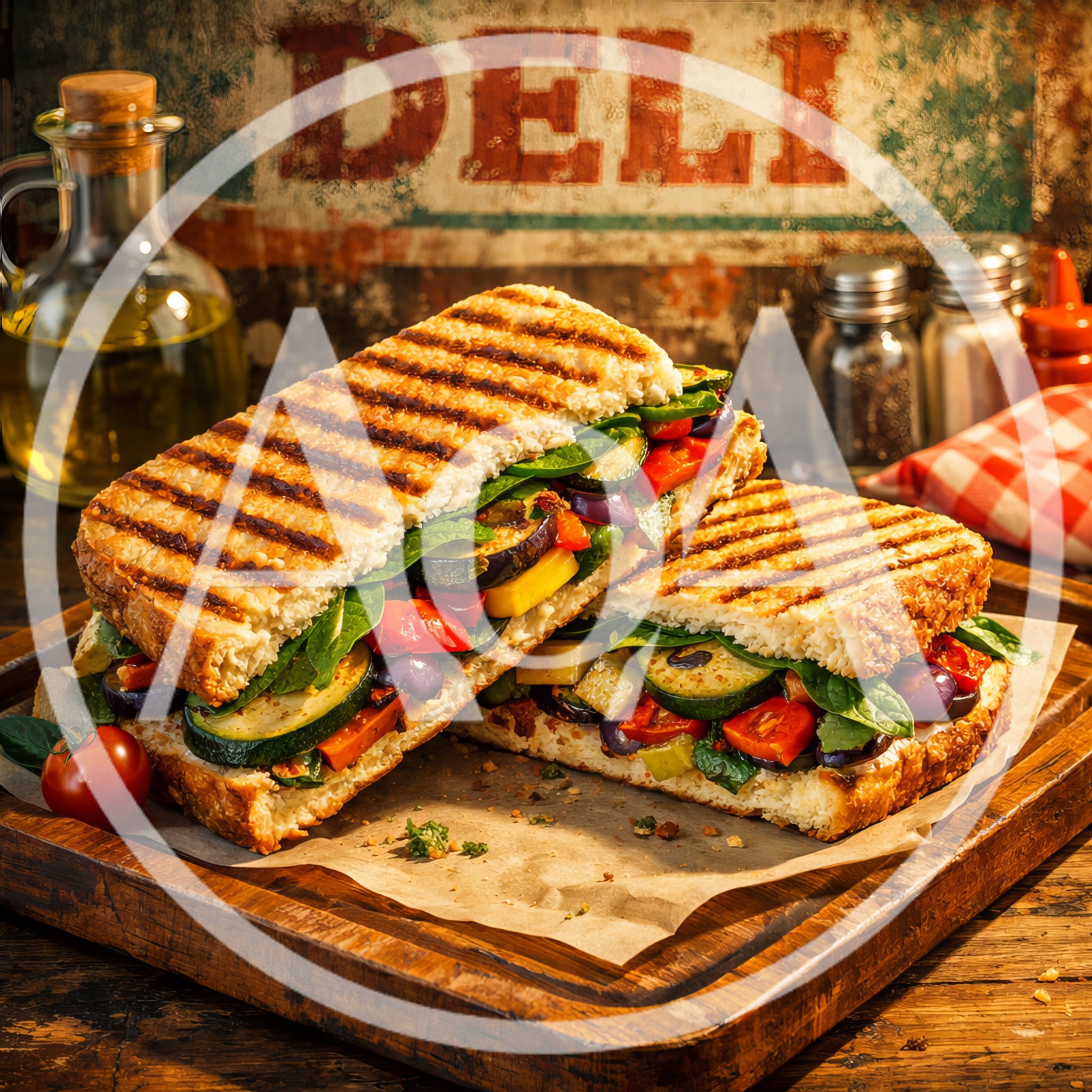 Grilled Vegetable Panini Sandwich on Wooden Board