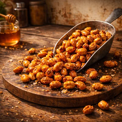 Honey Roasted Peanuts Poured From Metal Scoop