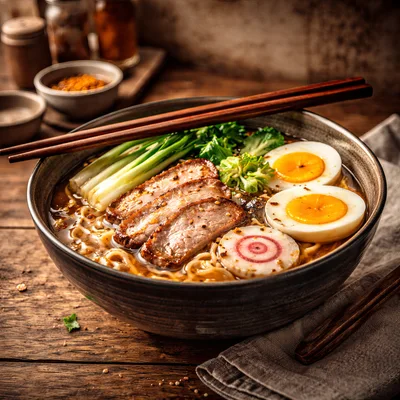 Bowl Of Traditional Japanese Ramen With Pork And Egg