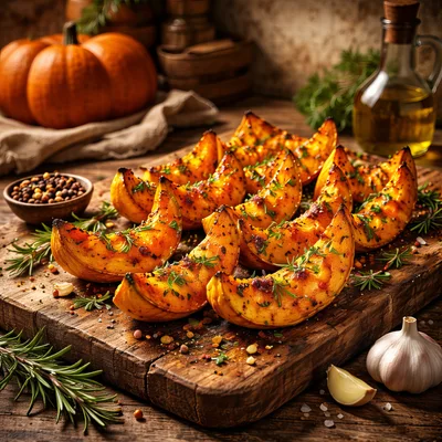 Roasted Pumpkin Wedges on a Rustic Wooden Board