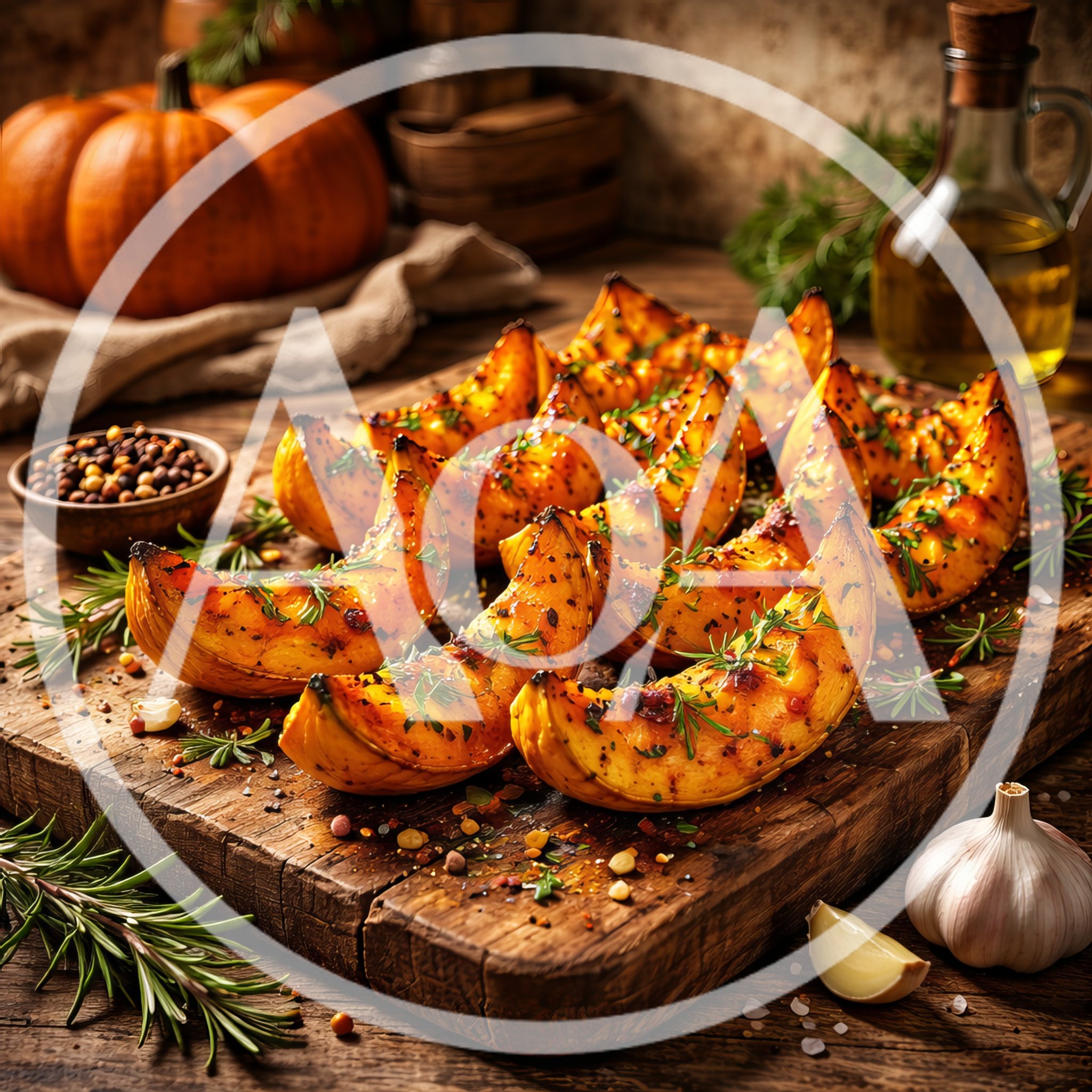 Roasted Pumpkin Wedges on a Rustic Wooden Board