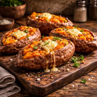 Baked Sweet Potatoes With Melting Butter On Wooden Board