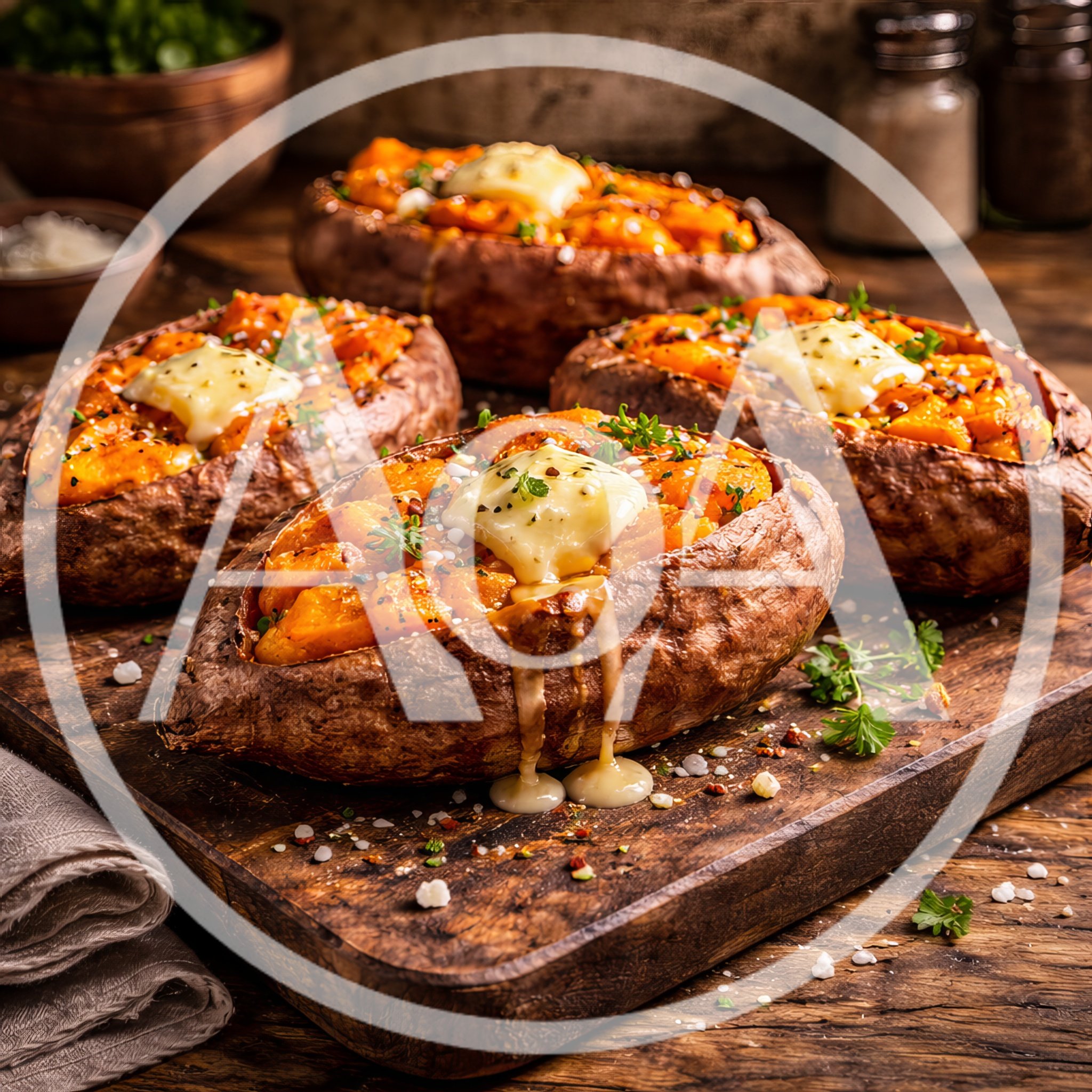 Baked Sweet Potatoes With Melting Butter On Wooden Board