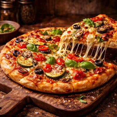 Fresh Vegetable Pizza With Melting Cheese Pull