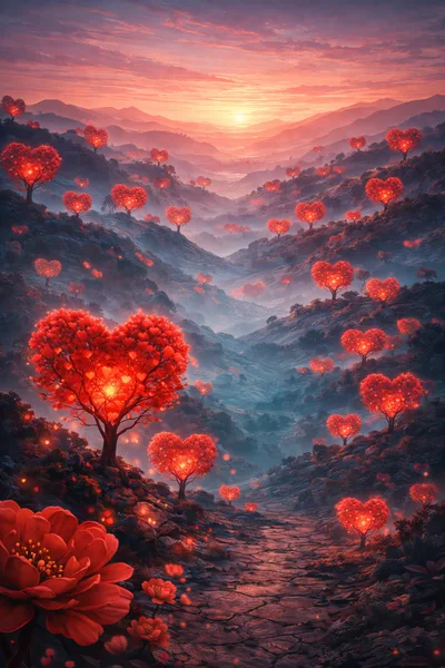 Enchanted Valley With Glowing Heart Shaped Trees