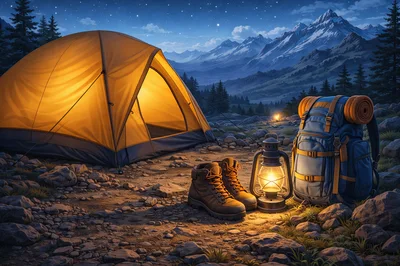 Illuminated Camping Tent and Gear at Night