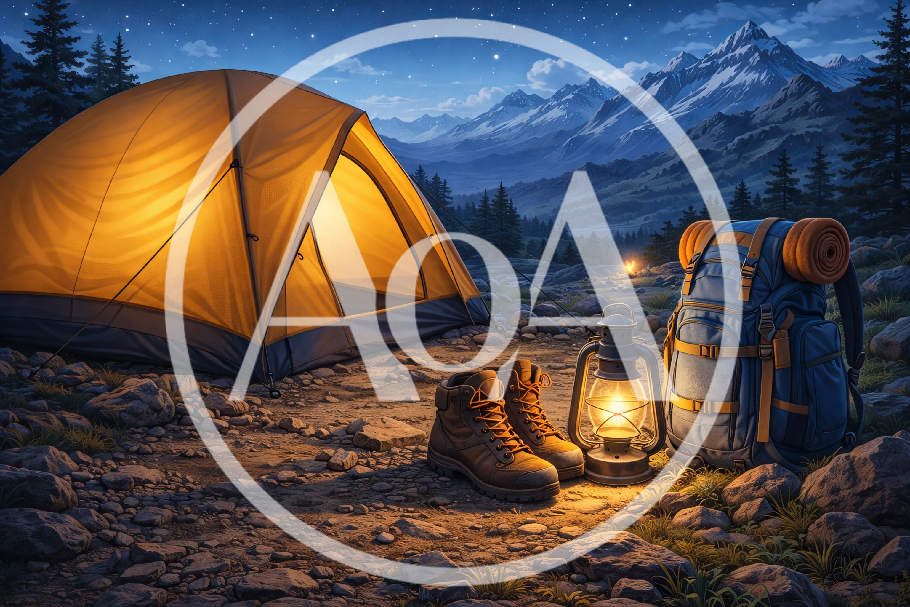 Illuminated Camping Tent and Gear at Night