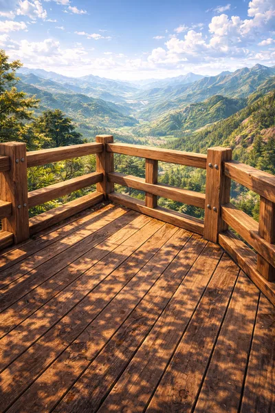 Wooden Observation Deck Overlooking A Lush Mountain Valley