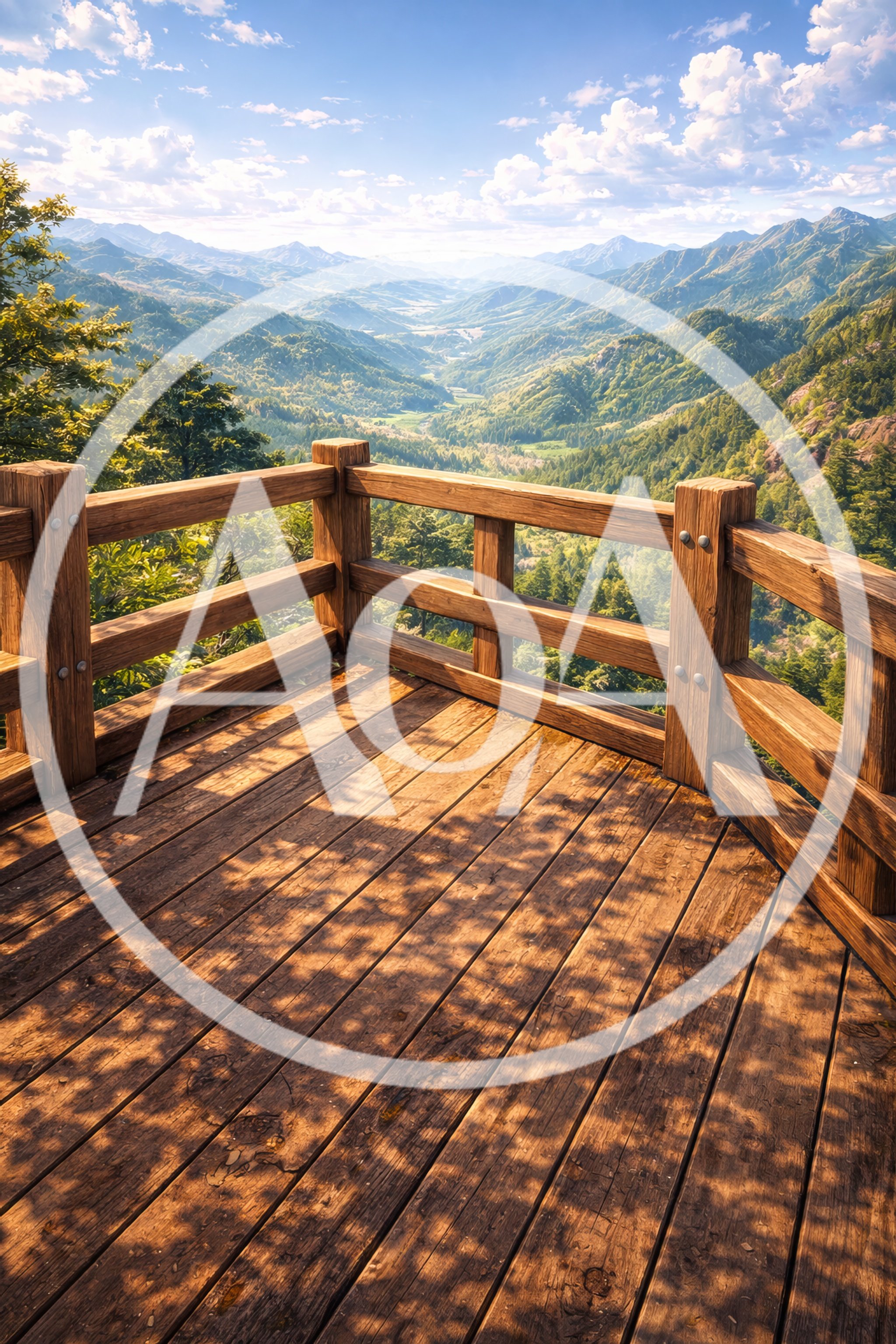 Wooden Observation Deck Overlooking A Lush Mountain Valley