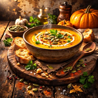 Creamy Pumpkin Soup Served In A Rustic Bowl